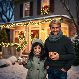 A lifelike scene depicting two men outside a beautifully decorated house for Christmas, adorned with twinkling lights and holiday wreaths