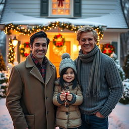 A lifelike scene depicting two men outside a beautifully decorated house for Christmas, adorned with twinkling lights and holiday wreaths