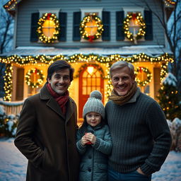 A lifelike scene depicting two men outside a beautifully decorated house for Christmas, adorned with twinkling lights and holiday wreaths