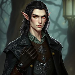 A tall, lean elf named Lotor with pale, almost ethereal skin and medium-length dark hair flowing just past his shoulders