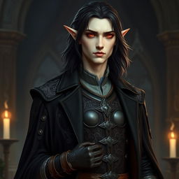 A tall, lean elf named Lotor with pale, almost ethereal skin and medium-length dark hair flowing just past his shoulders