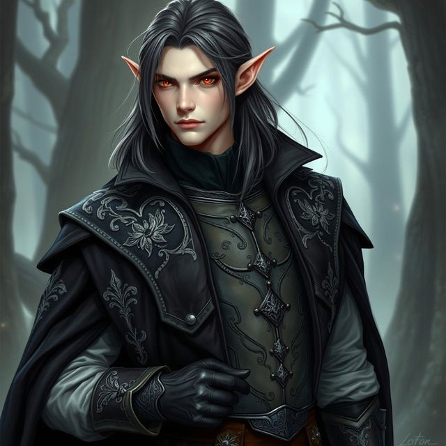 A tall, lean elf named Lotor with pale, almost ethereal skin and medium-length dark hair flowing just past his shoulders