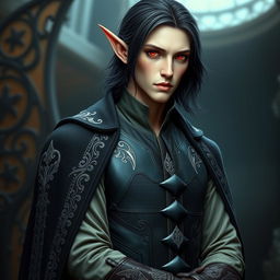 A tall, lean elf named Lotor with pale, almost ethereal skin and medium-length dark hair flowing just past his shoulders