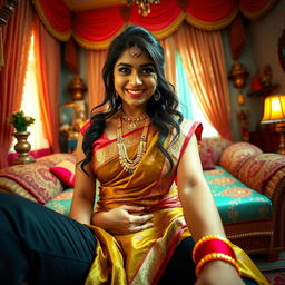 A striking Indian maid, wearing a traditional sari that beautifully accentuates her curves, is seated playfully on the stomach of a man