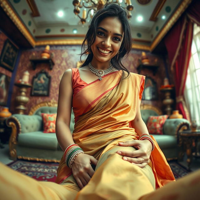 A striking Indian maid, wearing a traditional sari that beautifully accentuates her curves, is seated playfully on the stomach of a man