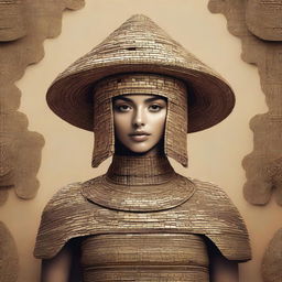 A simple yet creative digital art piece showcasing a woman in a Shamhat costume from the Epic of Gilgamesh, made entirely from recyclable materials