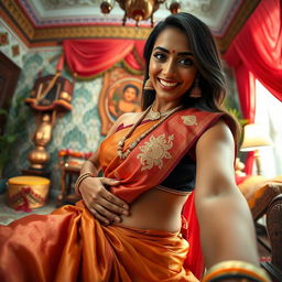 A striking Indian maid, wearing a traditional sari that beautifully accentuates her curves, is seated playfully on the stomach of a man