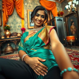 A striking Indian maid, wearing a traditional sari that beautifully accentuates her curves, is seated playfully on the stomach of a man