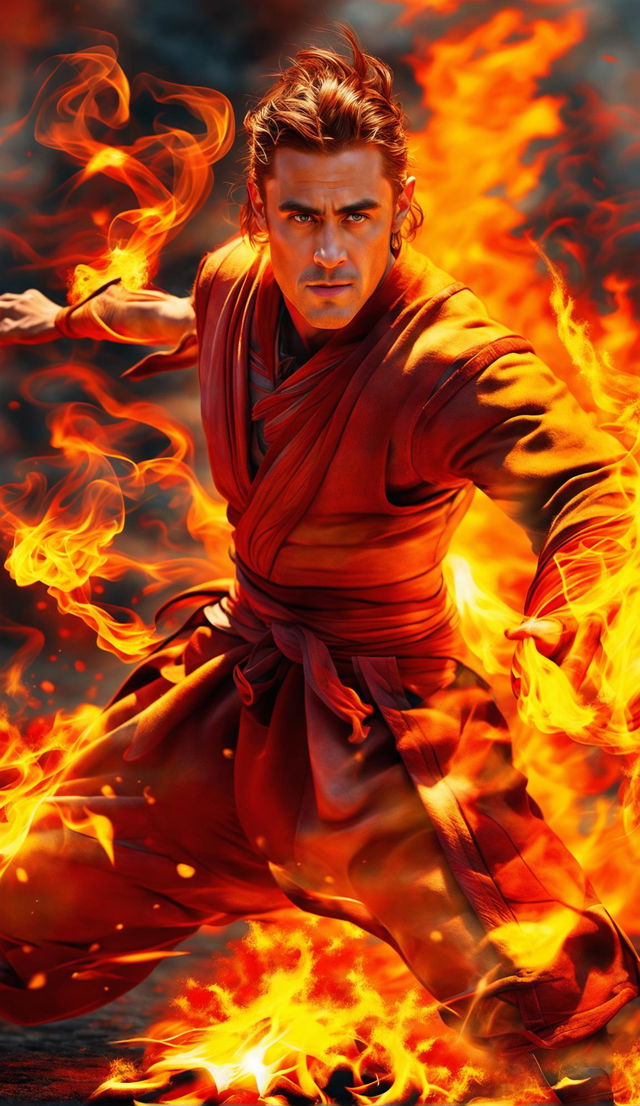 A high-definition digital art image of actor Jake Gyllenhaal performing a fire-bending move in the style of Avatar: The Last Airbender