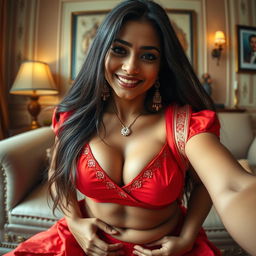A beautiful Indian maid, dressed in a vibrant red blouse that showcases deep cleavage, is playfully sitting on the stomach of a man from a captivating point of view perspective