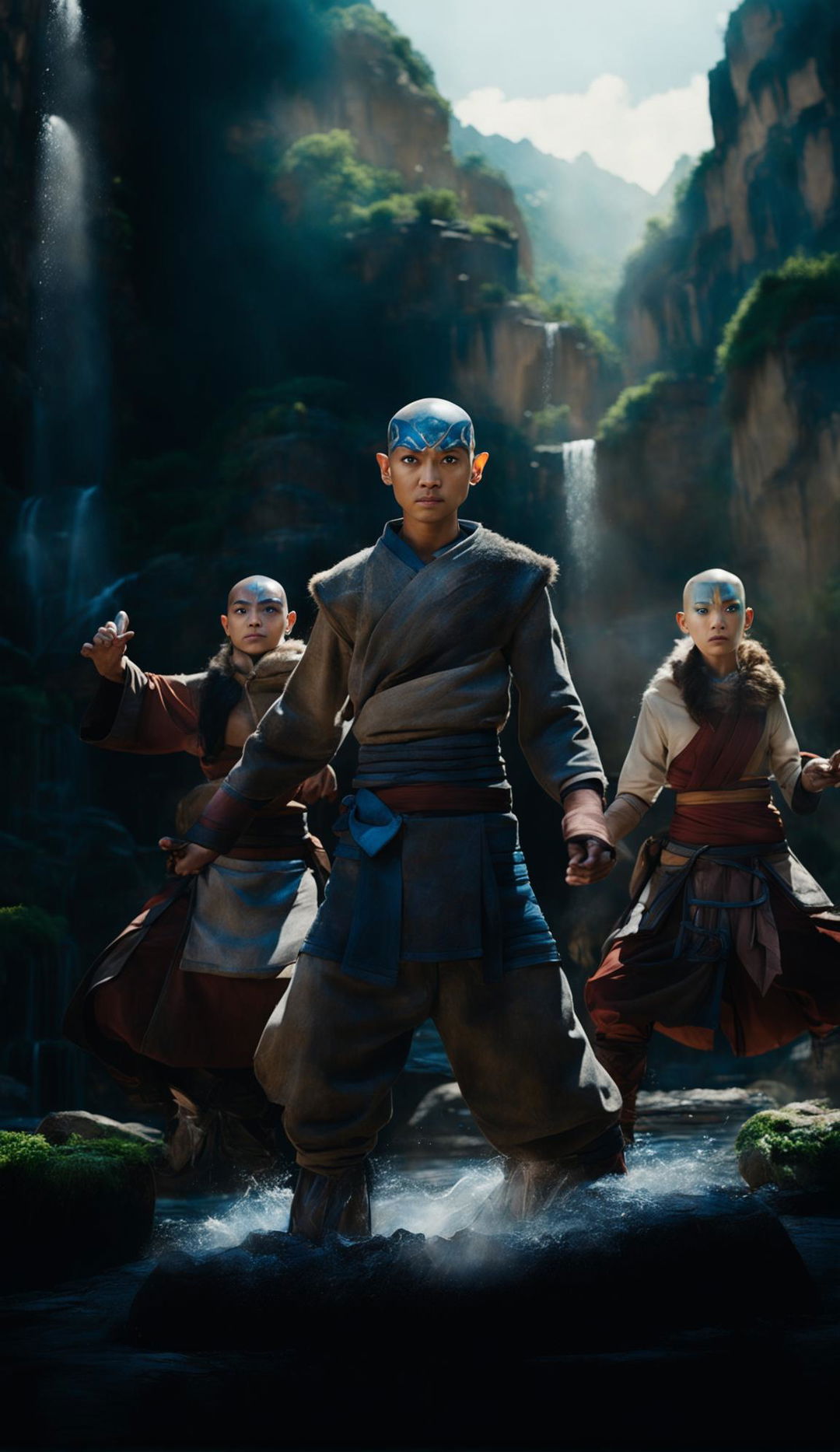 A high-resolution, live-action image featuring the main characters from Avatar: The Last Airbender, each demonstrating their unique elemental bending abilities, set against a backdrop representing the four elemental nations