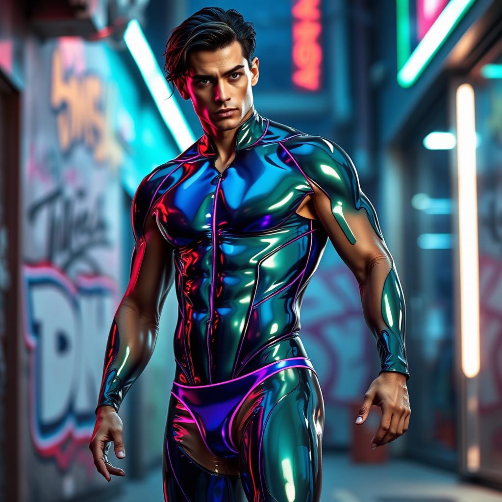 A stylish and futuristic scene featuring a male figure wearing a glossy latex leotard and thong, showcasing a sleek design with vibrant colors and unique patterns