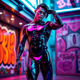 A stylish and futuristic scene featuring a male figure wearing a glossy latex leotard and thong, showcasing a sleek design with vibrant colors and unique patterns
