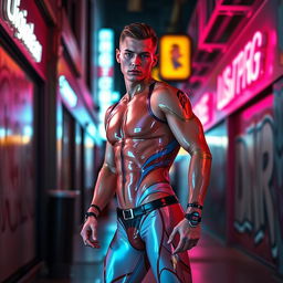 A stylish and futuristic scene featuring a male figure wearing a glossy latex leotard and thong, showcasing a sleek design with vibrant colors and unique patterns