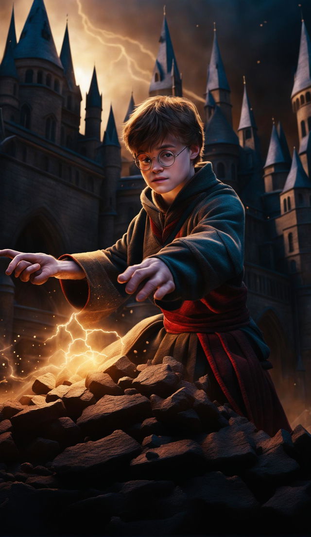 A digital art image featuring Harry Potter, in his Gryffindor robes, demonstrating earthbending abilities in front of the Hogwarts castle, merging the worlds of Harry Potter and Avatar: The Last Airbender