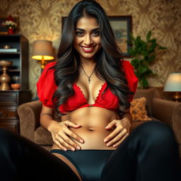 A beautiful Indian maid, dressed in a vibrant red blouse that accentuates her deep cleavage and paired with a sleek black thong, is playfully sitting on the stomach of a man from a captivating point of view perspective