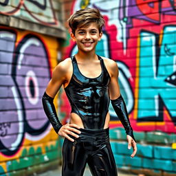 A teenage boy in a sleek, form-fitting latex leotard, showcasing a modern athletic style