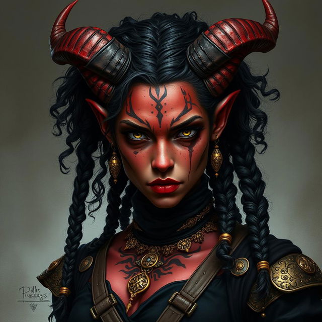 A tall, strong female tiefling warrior with twisted horns and dark red skin, showcasing prominent vitiligo spots