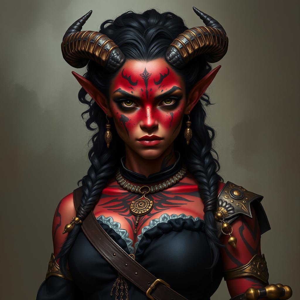 A tall, strong female tiefling warrior with twisted horns and dark red skin, showcasing prominent vitiligo spots