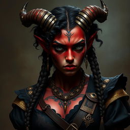 A tall, strong female tiefling warrior with twisted horns and dark red skin, showcasing prominent vitiligo spots