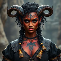 A tall, strong female tiefling warrior featuring twisted horns, dark red skin with distinct vitiligo spots