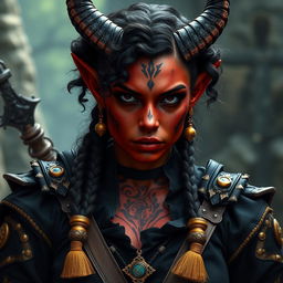 A tall, strong female tiefling warrior featuring twisted horns, dark red skin with distinct vitiligo spots