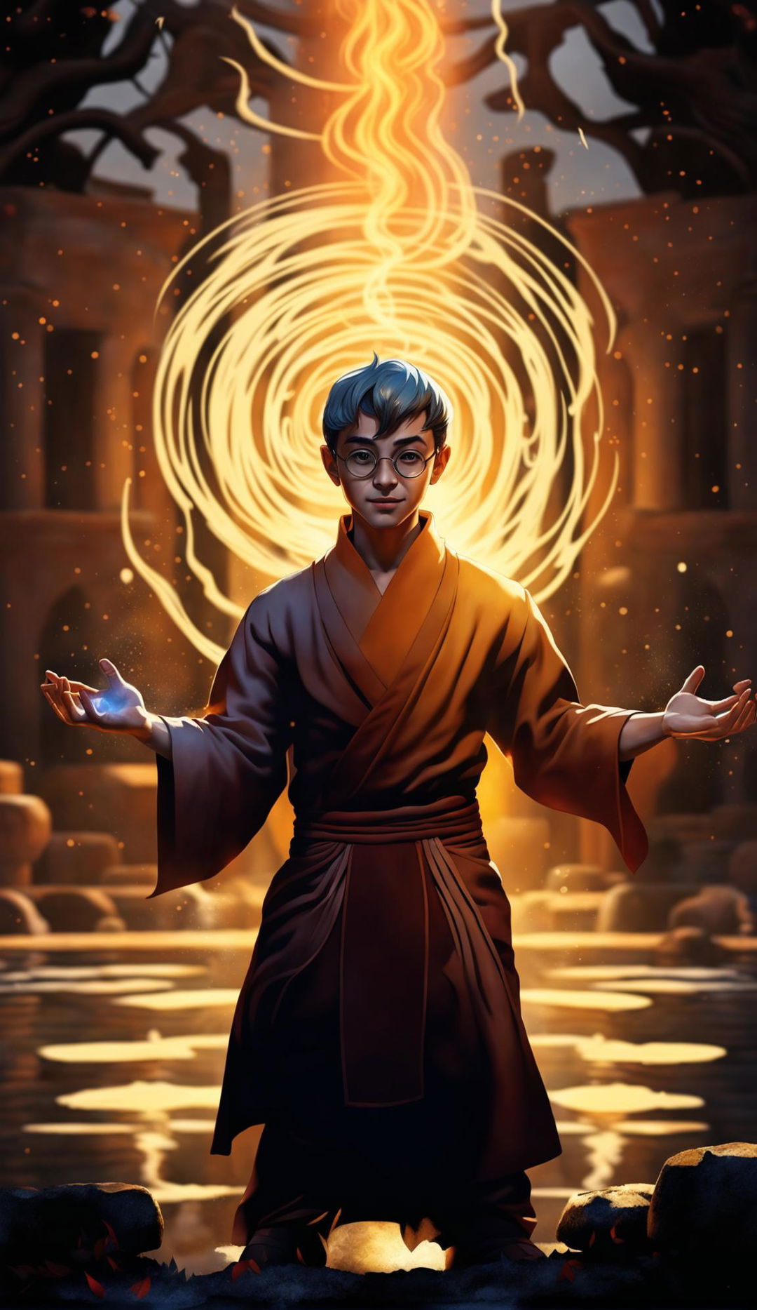 A digital art image featuring Harry Potter in monk attire, bending air from his hands, set in a serene temple garden, merging the worlds of Harry Potter and Avatar: The Last Airbender