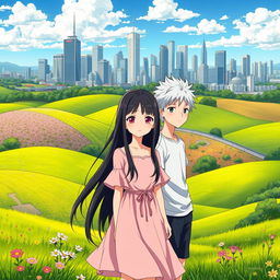 A beautiful countryside landscape in the foreground, with rolling green hills and blooming flowers, and an urban cityscape in the background featuring skyscrapers and modern buildings