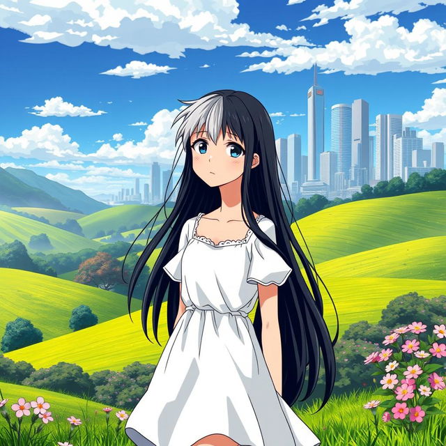 A beautiful countryside landscape in the foreground, with rolling green hills and blooming flowers, and an urban cityscape in the background featuring skyscrapers and modern buildings