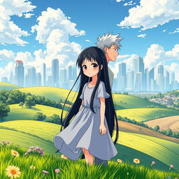 A beautiful countryside landscape in the foreground, with rolling green hills and blooming flowers, and an urban cityscape in the background featuring skyscrapers and modern buildings
