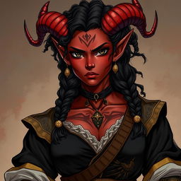 A tall, strong female tiefling warrior depicted in anime style, featuring twisted horns and dark red skin adorned with distinct vitiligo spots