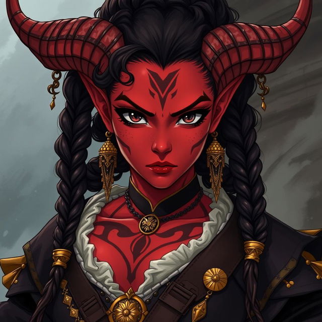 A tall, strong female tiefling warrior depicted in anime style, featuring twisted horns and dark red skin adorned with distinct vitiligo spots