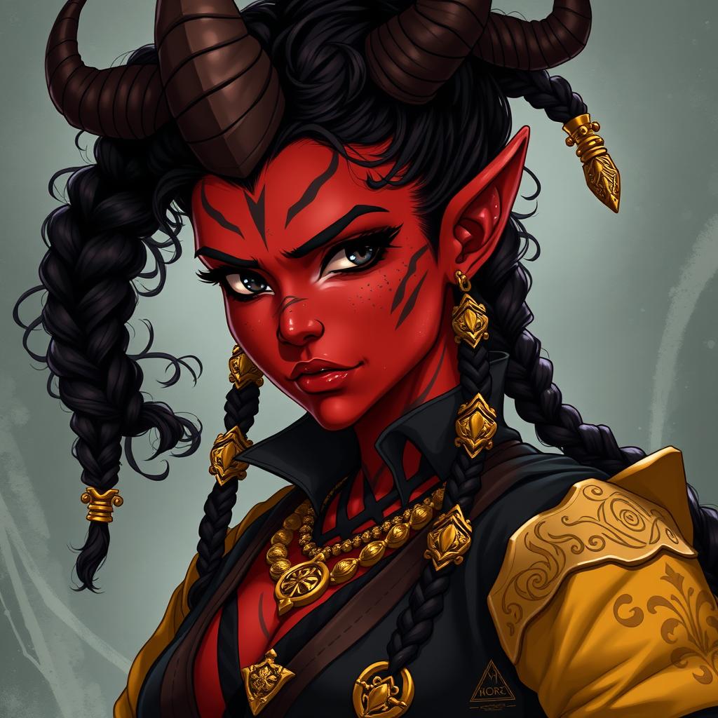 A tall, strong female tiefling warrior depicted in anime style, featuring twisted horns and dark red skin adorned with distinct vitiligo spots