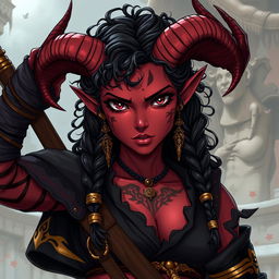 A tall, strong female tiefling warrior depicted in anime style, featuring twisted horns and dark red skin adorned with distinct vitiligo spots