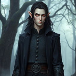 A tall, lean elf named Lotor with pale, almost ethereal skin and medium-length dark hair flowing just past his shoulders