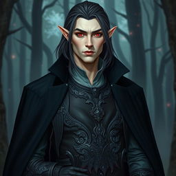 A tall, lean elf named Lotor with pale, almost ethereal skin and medium-length dark hair flowing just past his shoulders
