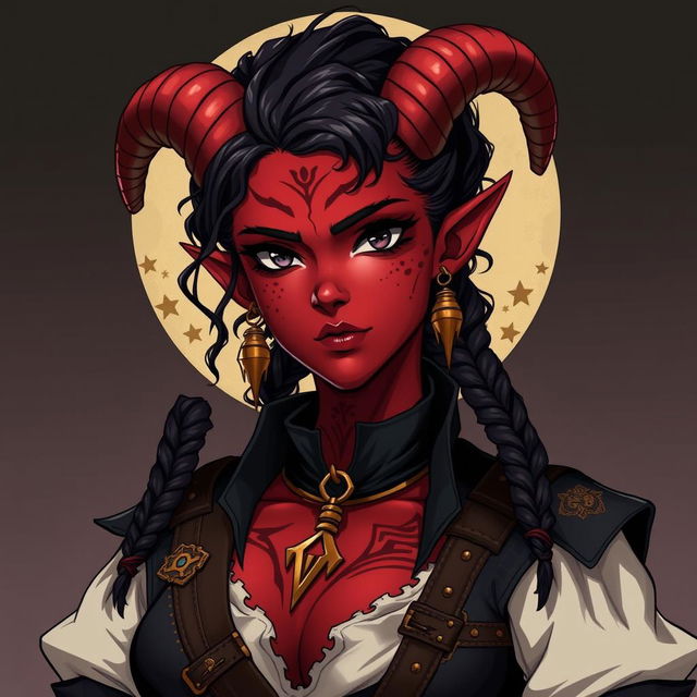 A tall, strong female tiefling warrior illustrated in anime style, with twisted horns and dark red skin featuring unique vitiligo spots