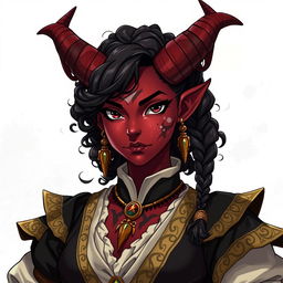 A tall, strong female tiefling warrior illustrated in anime style, with twisted horns and dark red skin featuring unique vitiligo spots