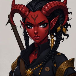 A tall, strong female tiefling warrior illustrated in anime style, with twisted horns and dark red skin featuring unique vitiligo spots