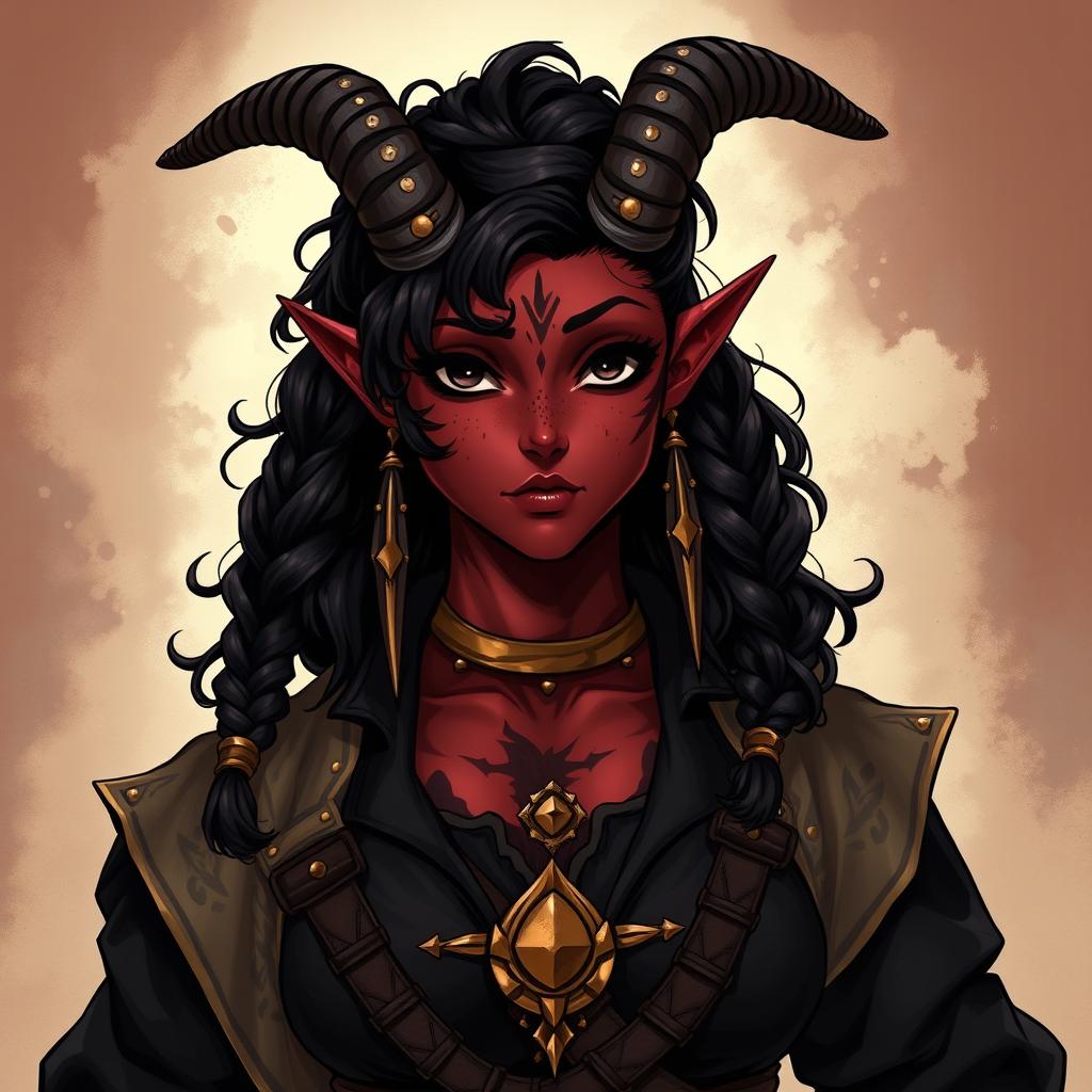 A tall, strong female tiefling warrior illustrated in anime style, with twisted horns and dark red skin featuring unique vitiligo spots