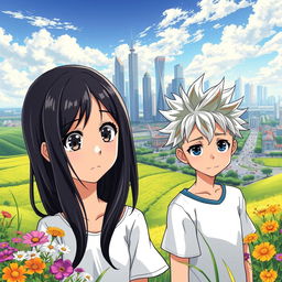 A beautiful rural landscape in the foreground, with lush green fields and colorful wildflowers, leading to a vibrant urban city in the background with tall skyscrapers and busy streets