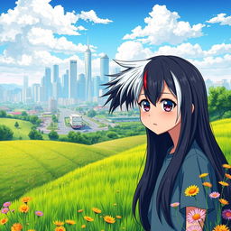 A beautiful rural landscape in the foreground, with lush green fields and colorful wildflowers, leading to a vibrant urban city in the background with tall skyscrapers and busy streets