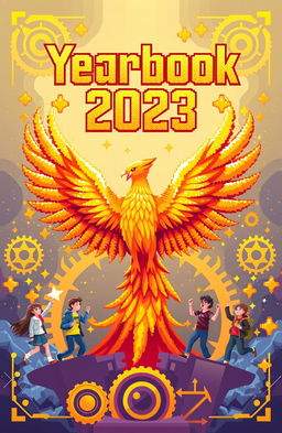 A vibrant yearbook cover designed in pixel art style, featuring a golden catalyst theme