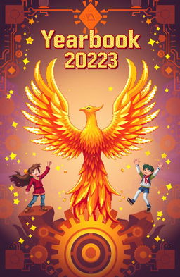 A vibrant yearbook cover designed in pixel art style, featuring a golden catalyst theme