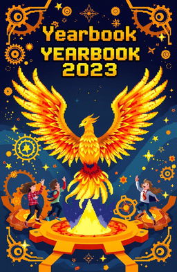 A vibrant yearbook cover designed in pixel art style, featuring a golden catalyst theme