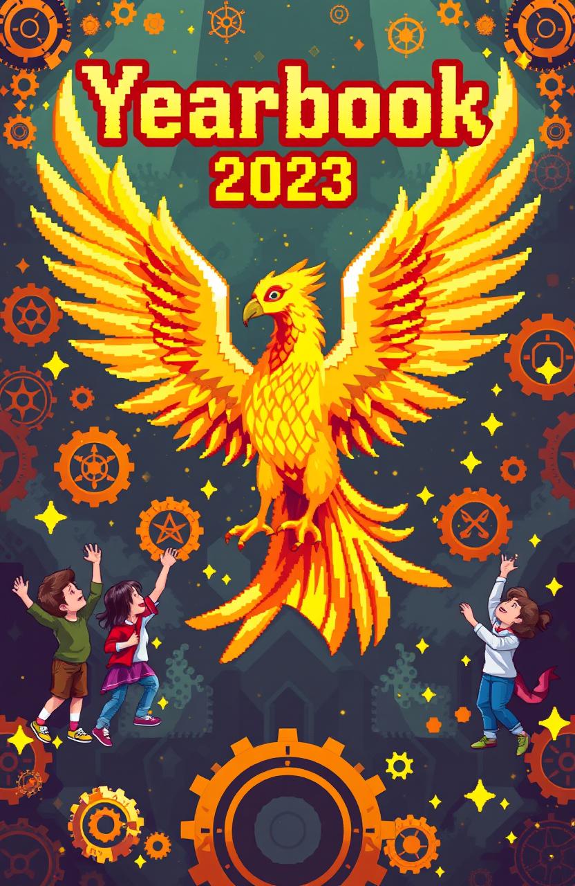 A vibrant yearbook cover designed in pixel art style, featuring a golden catalyst theme