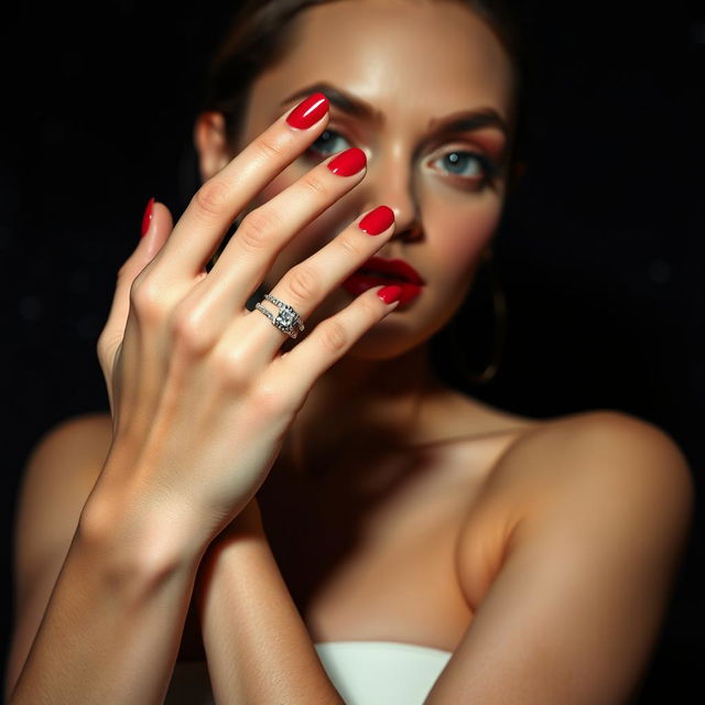 A glamorous image of a model's hands posed elegantly against a dark, sparkling backdrop that mimics a night sky