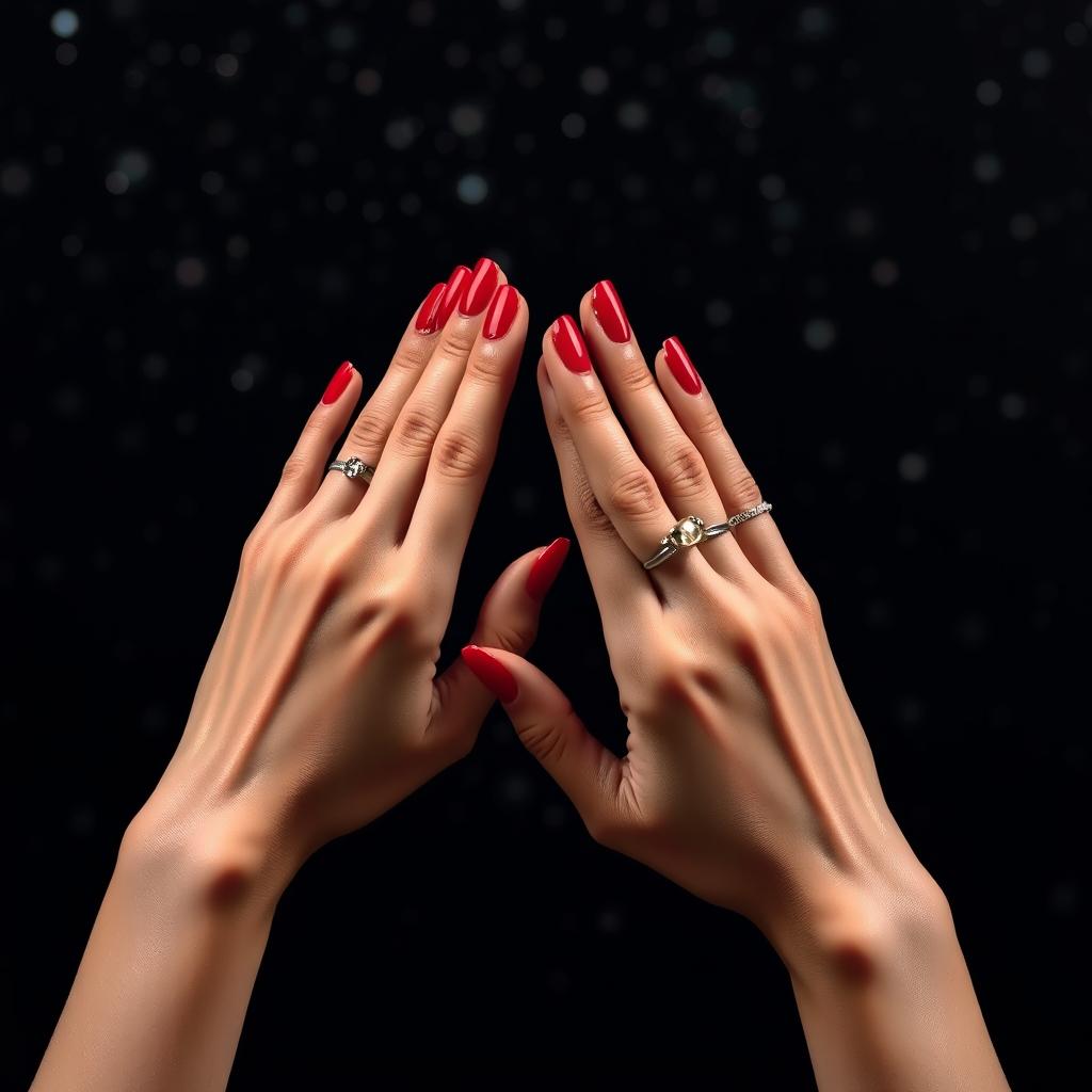 A glamorous image of a model's hands posed elegantly against a dark, sparkling backdrop that mimics a night sky
