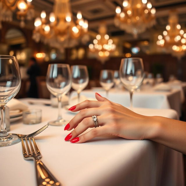 A glamorous shot of a model's hands elegantly resting on a beautifully set dining table in a restaurant