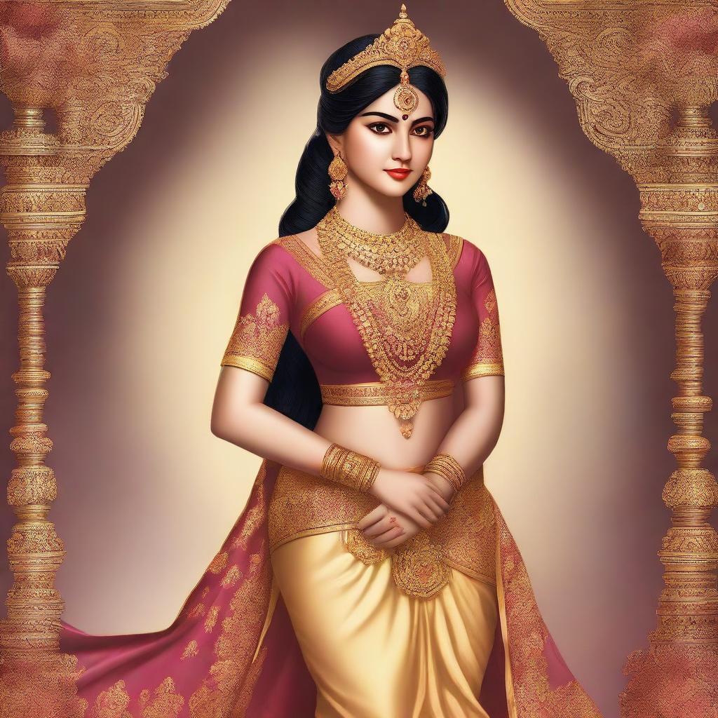 This is a high-quality digital art piece that showcases the full body of Sita from Ramayana, dressed in a glamorous and traditional costume